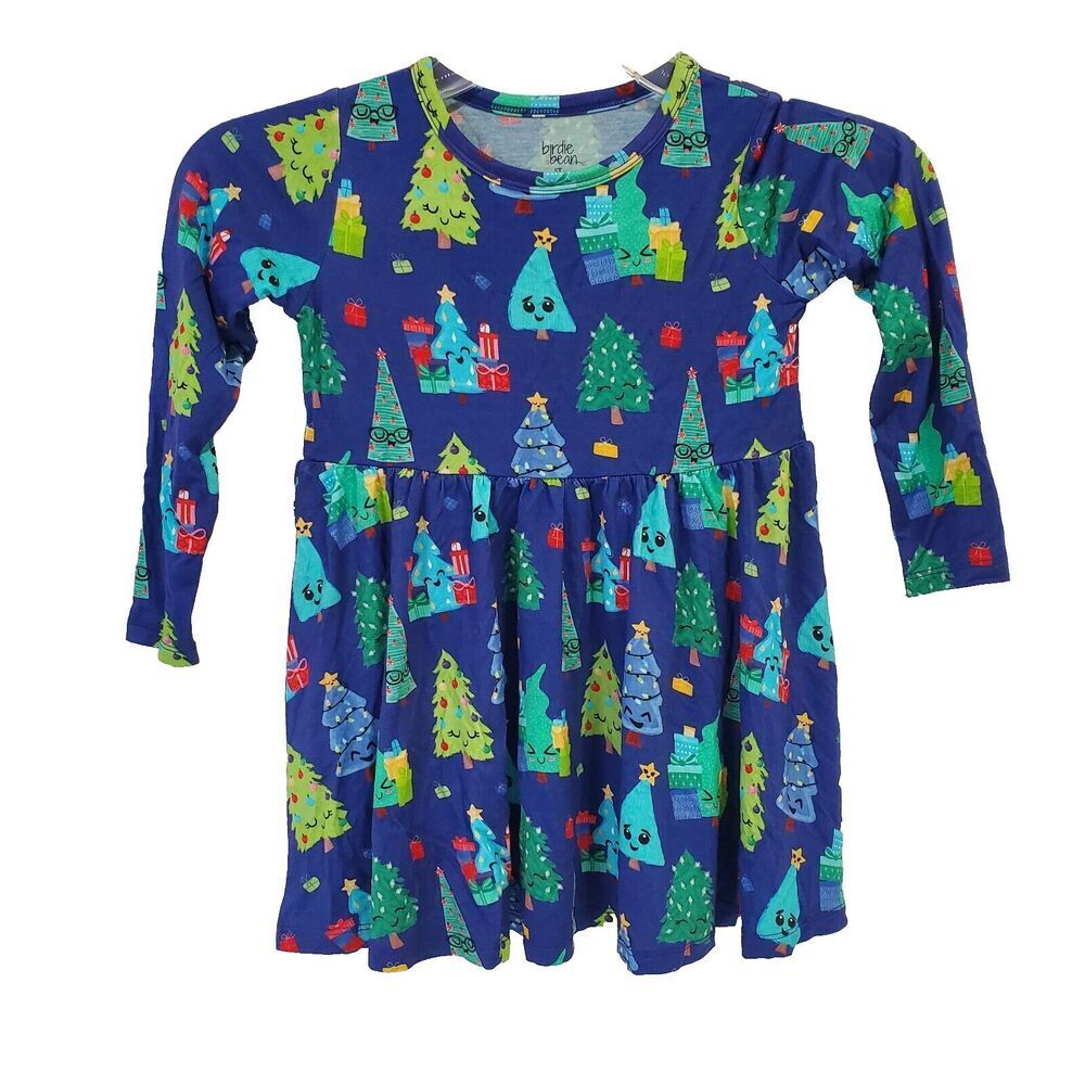 NEW Birdie Bean Girls Size 5T Dress‎ Blue Smiling Christmas Tree Bamboo Viscose